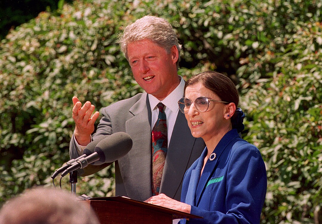 FILE - In this June 14, 1993, file photo, President Bill Clinton poses with his nominee for the Supreme Court Ruth Bader Ginsburg during a news conference in Washington. The Supreme Court says Ginsburg has died of metastatic pancreatic cancer at age 87.  (AP Photo/Doug Mills)