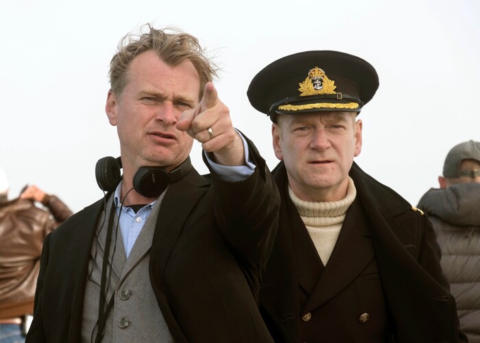 This image released by Warner Bros. Pictures shows director Christopher Nolan, left, on the set of "Dunkirk" with actor Kenneth Branagh. Nolan was nominated for an Oscar for best director, Tuesday, Jan. 23, 2018. The 90th Oscars will air live on ABC on Sunday, March 4. (Melinda Sue Gordon/Warner Bros. Pictures via AP)