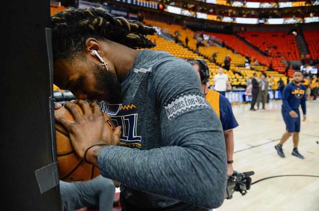 (Francisco Kjolseth  |  The Salt Lake Tribune)  Utah Jazz forward Jae Crowder (99) pauses for a quiet moment before his warm up in Game 3 of a first-round NBA basketball playoff series against the Rockets in Salt Lake City, Saturday, April 20, 2019.