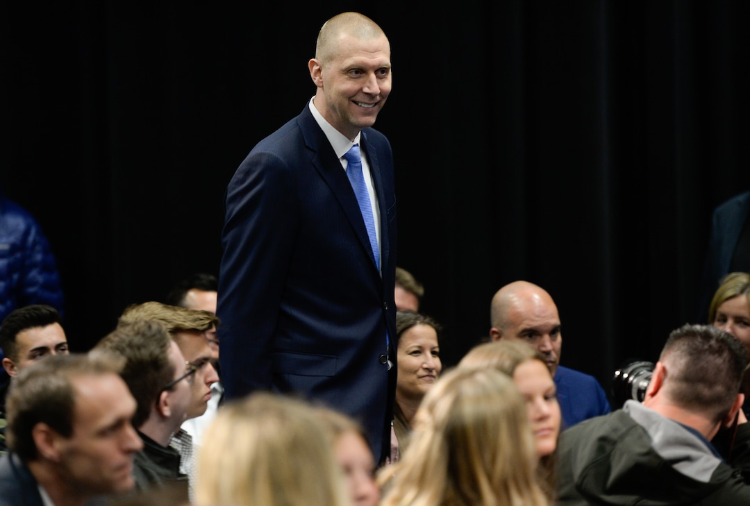 (Francisco Kjolseth  |  The Salt Lake Tribune)  BYU announces Mark Pope as its new head basketball coach during a press event at the BYU broadcasting building on Wed. April 10, 2019.