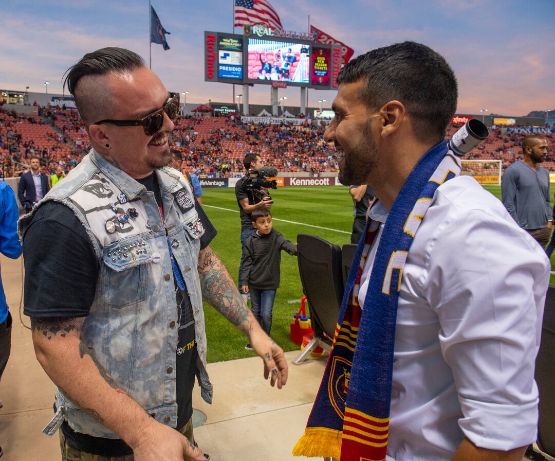(Rick Egan  |  The Salt Lake Tribune)   Branden Steineckert, Real Salt Lake fan and drummer for the punk band Rancid, greets Javier Morales before the  Real Salt Lake and Los Angeles Galaxy match at Rio Tinto Stadium, Wednesday, Sept. 25, 2019.