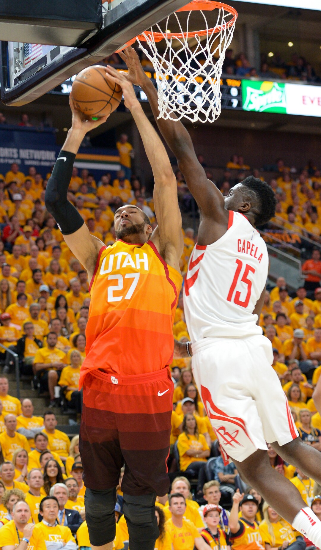 (Leah Hogsten  |  The Salt Lake Tribune) Utah Jazz center Rudy Gobert (27) is denied the shot by Houston Rockets center Clint Capela (15) as the Utah Jazz take on the Houston Rockets in Game 3 of an NBA basketball second-round playoff series Friday, May 4, 2018 in Salt Lake City.