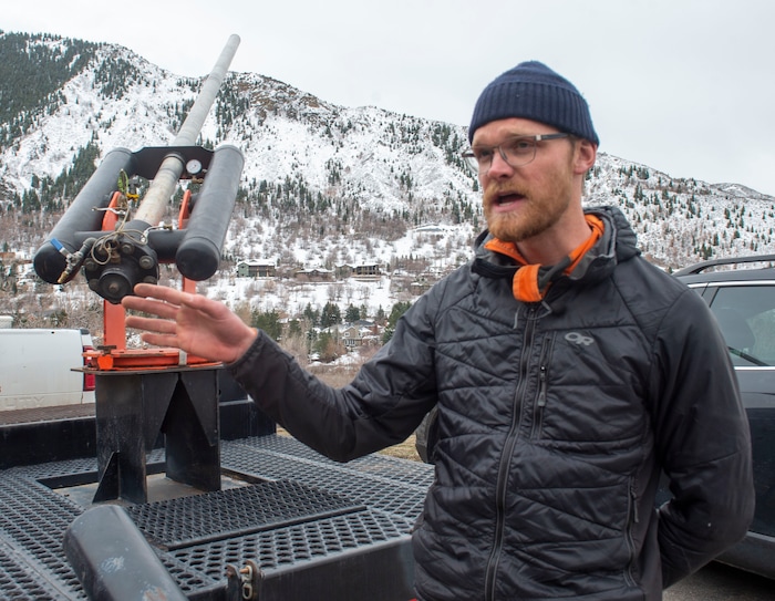 (Rick Egan | The Salt Lake Tribune) Steven Clark, Avalanche Forecaster for the Utah Department of Transportation, talks about the Avalauncher, which uses compressed gas to fire a projectile that explodes and triggers avalanches. Tuesday, March 5, 2019.