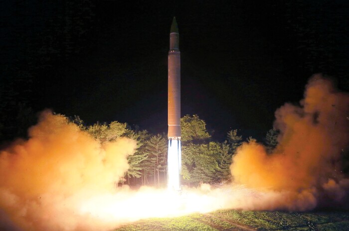 FILE - This July 28, 2017, file photo distributed by the North Korean government shows what was said to be the launch of a Hwasong-14 intercontinental ballistic missile at an undisclosed location in North Korea. America’s annual joint military exercises with South Korea always frustrate North Korea. Some experts say North Korea is mainly focused on the bigger picture of testing its bargaining power against the United States with its new long-range missiles and likely has no interest in letting things get too tense during the drills. (Korean Central News Agency/Korea News Service via AP, File)