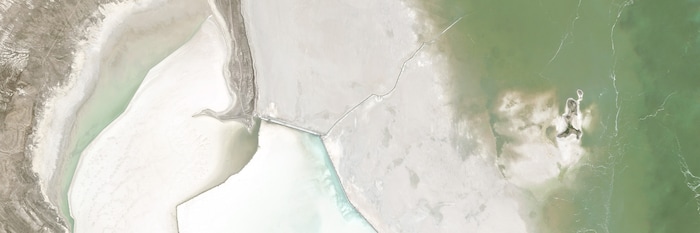 (Planet) A satellite image of Gunnison Island, in the north arm of the Great Salt Lake, on April 4, 2017.