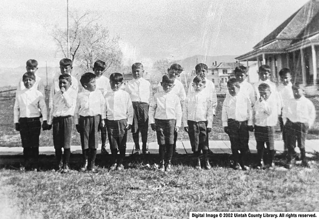 (Uintah County Library Regional History Center) Ute boys line up at the Uintah Boarding School in Whiterocks in this undated historic photo.