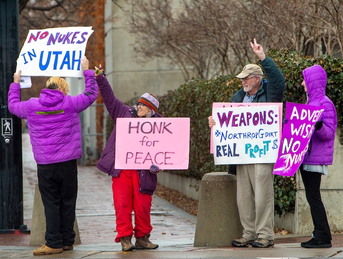 (Rick Egan  |  The Salt Lake Tribune)   
Marcus Collonge, Whitney Zack, Bob Brister, and Chelsea Page join a picketing party against Northrop Grumman on 400 West and 100 South, near the Clark Planetarium in Salt Lake City, Sunday, Dec. 8, 2019.