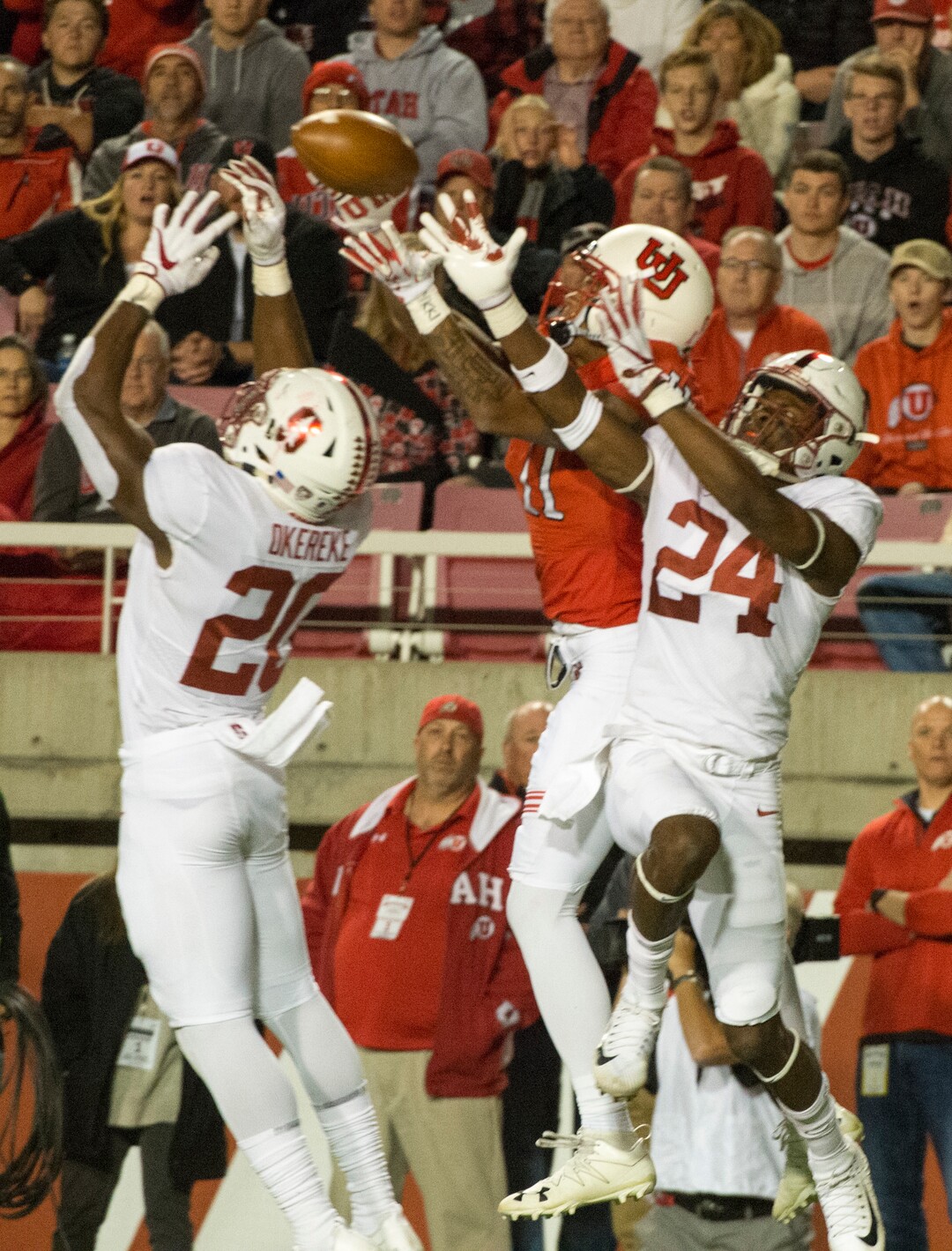 (Rick Egan  |  The Salt Lake Tribune) Stanford Cardinal cornerback Quenton Meeks (24) intercepts a pass intended for Utah Utes wide receiver Raelon Singleton (11), in PAC-12 football action, at Rice-Eccles Stadium, Saturday, October 7, 2017.