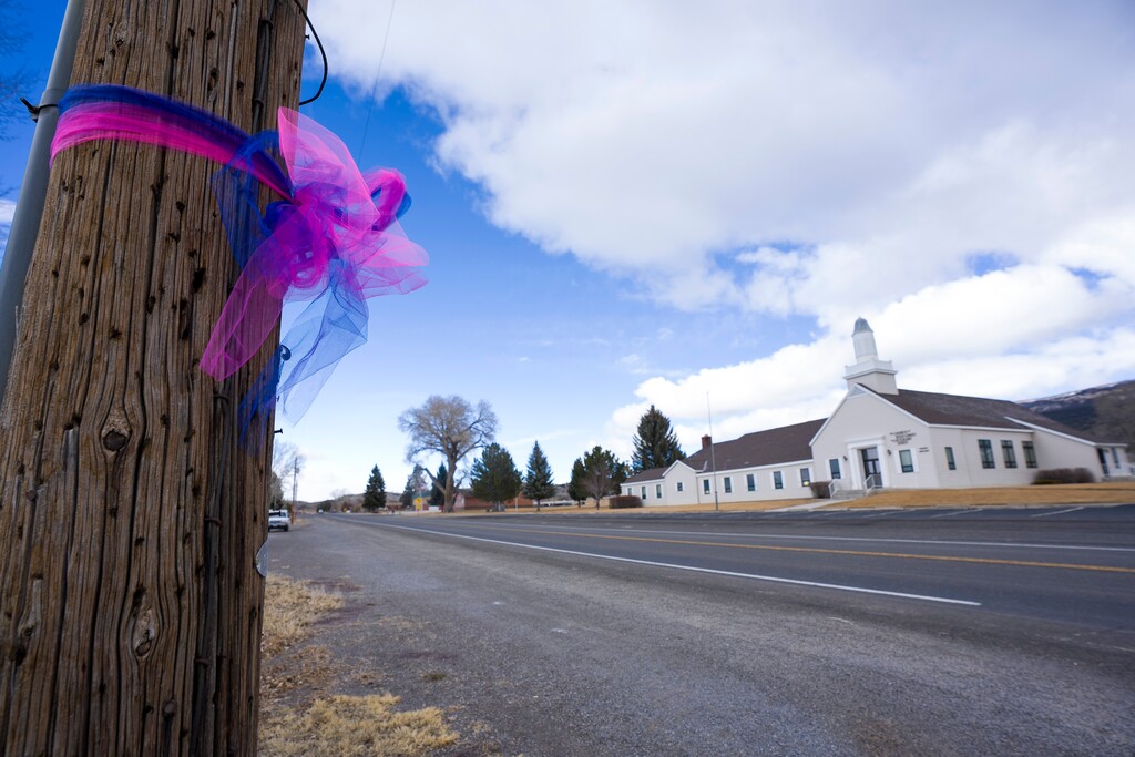 (Bethany Baker | The Salt Lake Tribune) Ribbons hang from a pole near a meetinghouse of The Church of Jesus Christ of Latter-day Saints where Margaret Oldroyd attended in Lyman, Friday, March 6, 2026. Police say Oldroyd was shot and killed Wednesday, March 6, by Ivan Miller, who allegedly hid on her property then took her car after her death.