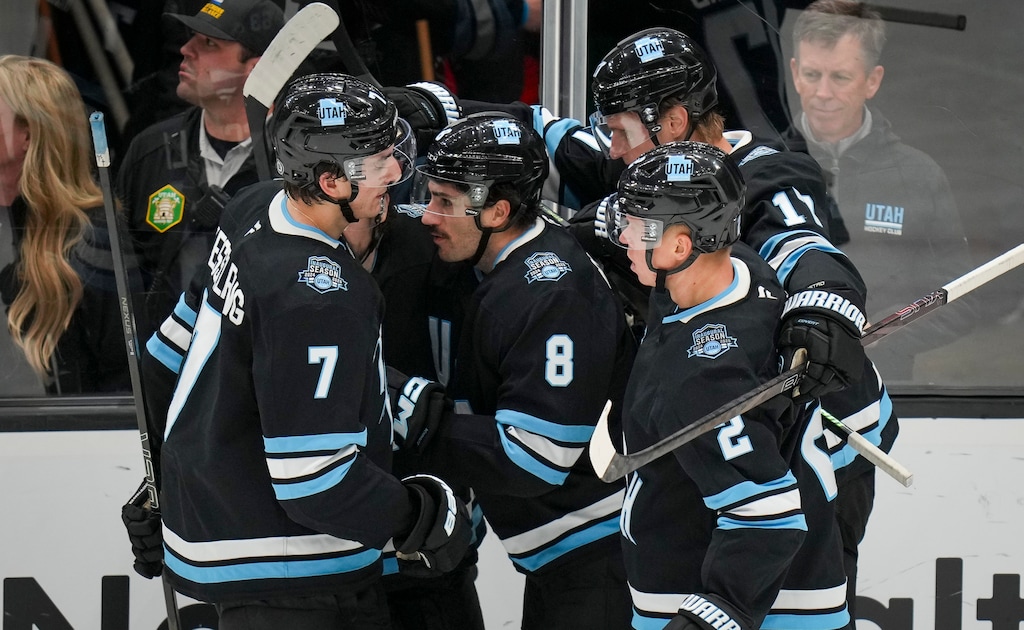 (Bethany Baker  |  The Salt Lake Tribune) Utah Hockey Club celebrates a goal against the Dallas Stars during the third period of the game at the Delta Center in Salt Lake City on Monday, Dec. 2, 2024.