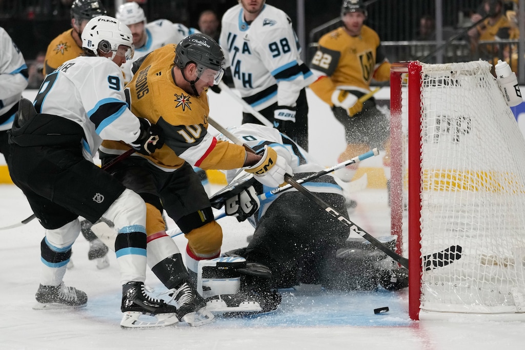 (John Locher | AP) Vegas Golden Knights center Colton Sissons (10) scores against Utah Mammoth goaltender Karel Vejmelka (70) during the second period in Game 1 on Sunday.
