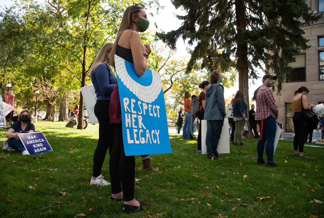 (Francisco Kjolseth  |  The Salt Lake Tribune) Ashley Marshall joins other demonstrators gathered in Salt Lake City, as they unite with Women’s March rallies happening in Washington D.C. and around the country on Saturday, Oct. 17, 2020, to signal their opposition to President Donald Trump and his agenda, including his push to fill the seat of late Supreme Court Justice Ruth Bader Ginsburg before election day.