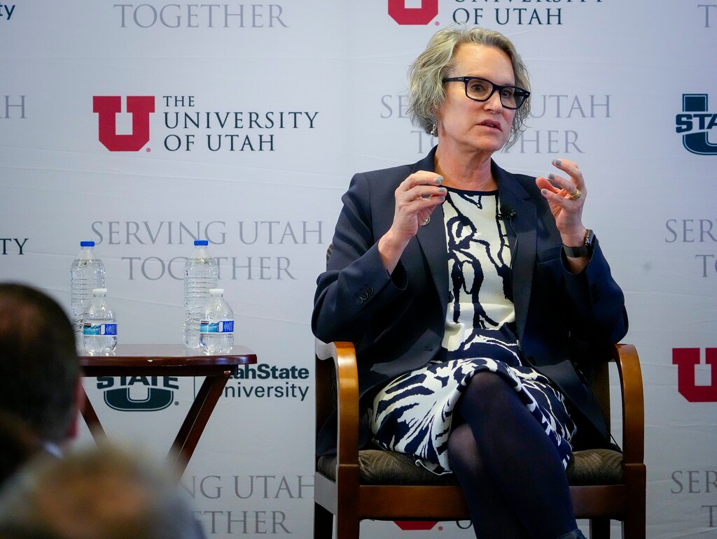 (Bethany Baker | The Salt Lake Tribune) Utah State University President Elizabeth Cantwell speaks during the Newsmaker Breakfast: The Value of Higher Education at the Thomas S. Monson Center in Salt Lake City on Wednesday, Feb. 14, 2024. Cantell announced two new leadership hires on Thursday.
