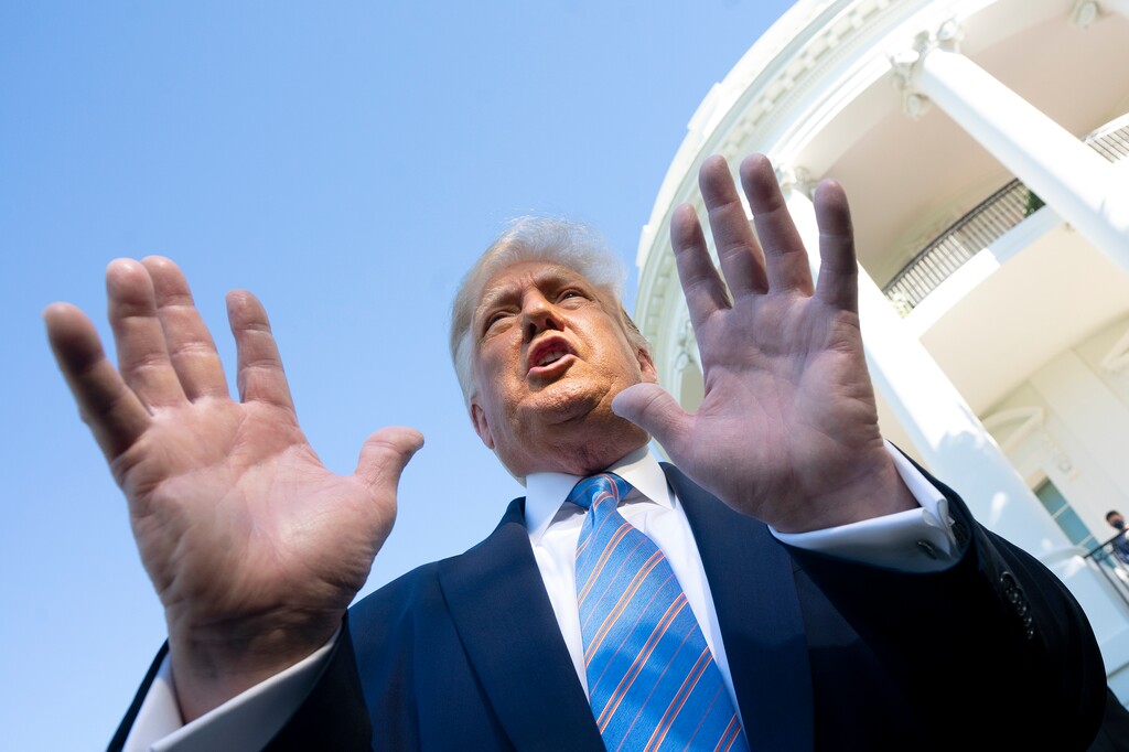 (Stefani Reynolds/The New York Times)
President Donald Trump speaks to reporters as he departs the White House in Washington, July 29, 2020. "Trump is the kind of boss who can't do the job — and won't go away," New York Times columnist Paul Krugman writes.