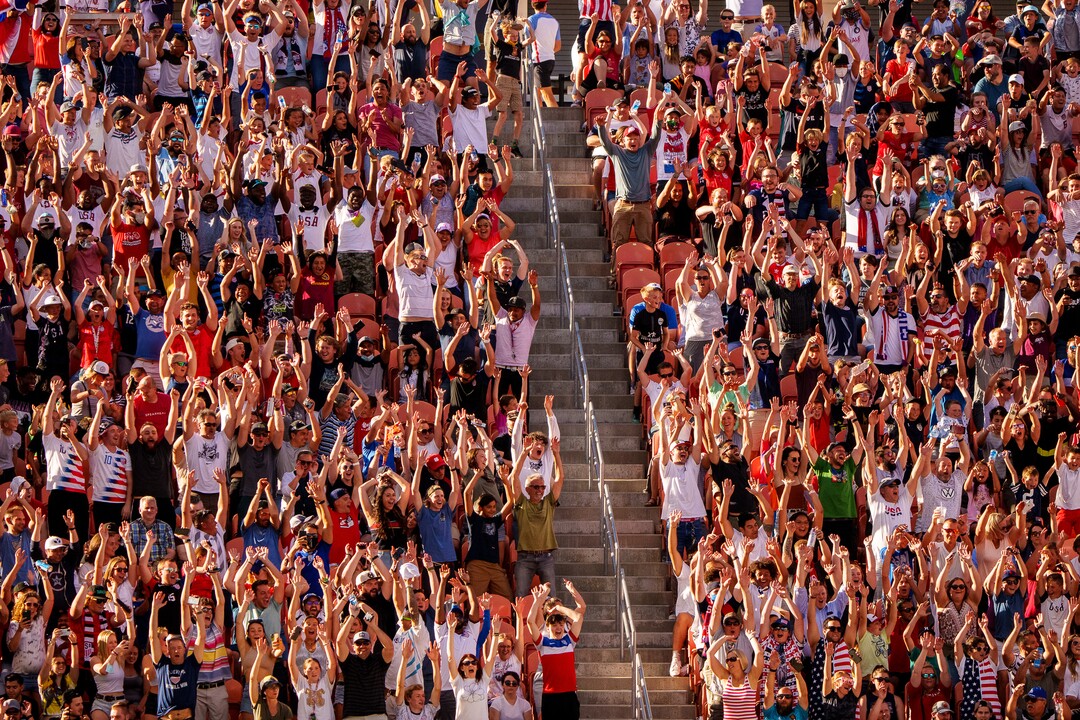 (Trent Nelson  |  The Salt Lake Tribune) Fans make a wave as the U.S. Men’s National Team (USMNT) faces Costa Rica in a friendly at Rio Tinto Stadium in Sandy on Wednesday, June 9, 2021.