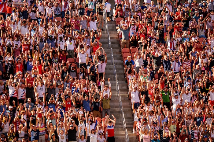 (Trent Nelson  |  The Salt Lake Tribune) Fans make a wave as the U.S. Men’s National Team (USMNT) faces Costa Rica in a friendly at Rio Tinto Stadium in Sandy on Wednesday, June 9, 2021.