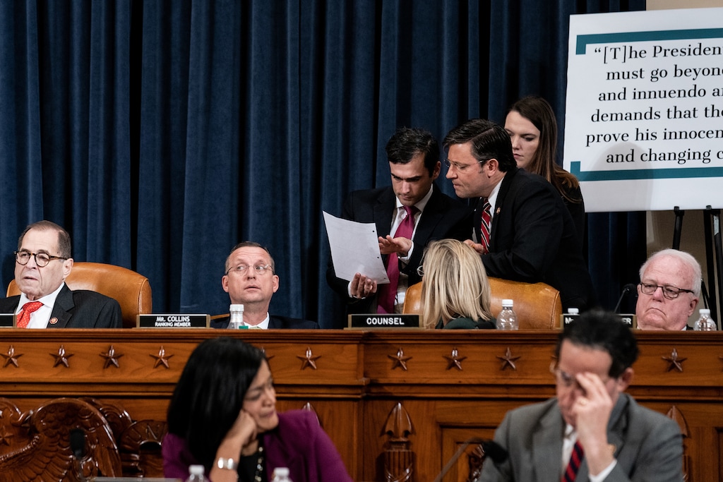 (Erin Schaff | The New York Times) From left: House Judiciary Committee Chairman Jerrold Nadler (D-N.Y.) and Rep. Doug Collins (R-Ga.), the ranking minority member, joined by fellow members and staff, during debate on articles of impeachment against President Donald Trump in Washington on Thursday night, Dec. 12, 2019. "The essential difference between Nixon and Trump lies not in their misconduct or in their unsuitability for office, but in the grim refusal of today’s Republican Party to notice wrongdoing and its determination to stand by Trump come what may," writes Nicholas Kristof.