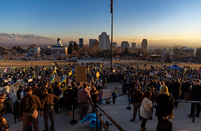 (Rick Egan | The Salt Lake Tribune) Hundreds of protesters for a rally in support of Ukraine, on Monday, Feb. 28, 2022.