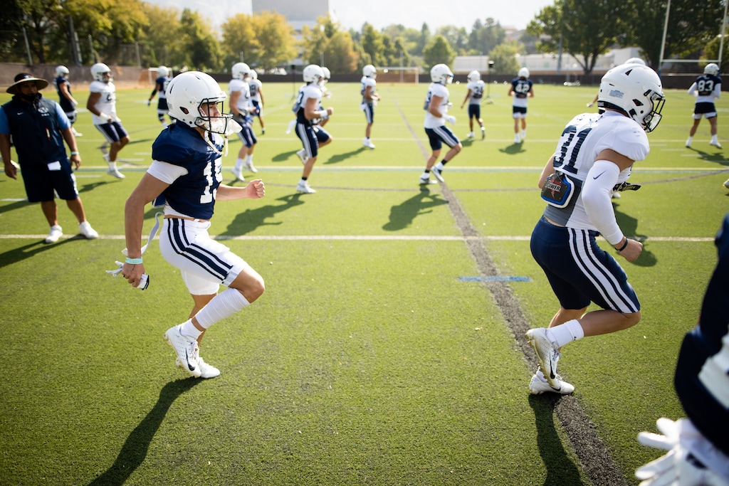 (Photo courtesy of Jaren Wilkey | BYU) The BYU football team practices in Provo, Tuesday, Aug. 25, 2020.