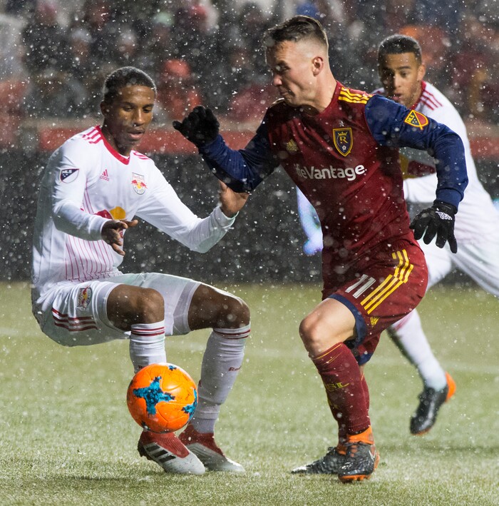 (Rick Egan  |  The Salt Lake Tribune)    Real Salt Lake midfielder Albert Rusnak (11) tries to get the ball past New York Red Bulls Kyle Duncan (6), as he takes the ball down field, in MLS action between Real Salt Lake and New York Red Bulls at Rio Tinto Stadium, Saturday, March 17, 2018.


