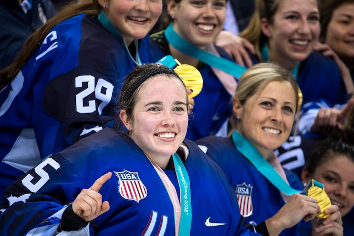 (Chris Detrick  |  The Salt Lake Tribune)  United States goaltender Madeline Rooney (35) celebrates with her teammates after winning the Women's Gold Medal Game at Gangneung Hockey Centre during the Pyeongchang 2018 Winter Olympics Thursday, Feb. 22, 2018. United States defeated Canada 3-2 in a shootout victory. 
