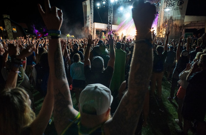(Rick Egan  |  The Salt Lake Tribune)  Fans cheer as Slighty Stoopid plays at the Regge Rise Up Music Festival at the Rivers Edge near Heber City, Saturday, Aug. 24, 2019.