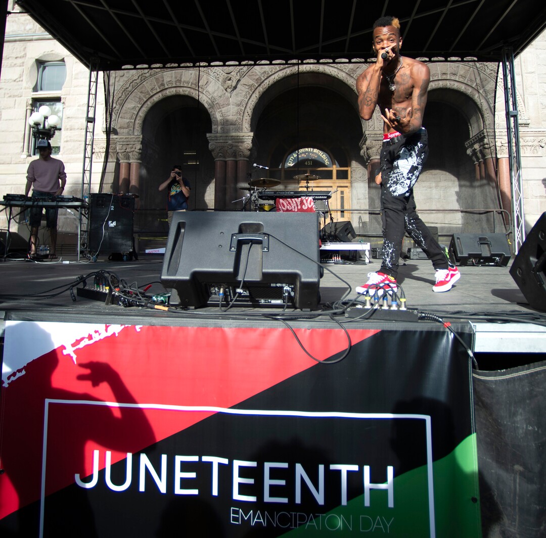 (Rick Egan  |  The Salt Lake Tribune)  Murderous T performs at the Juneteenth celebration  at Washington Square in Salt Lake City on Friday, June 19, 2020.