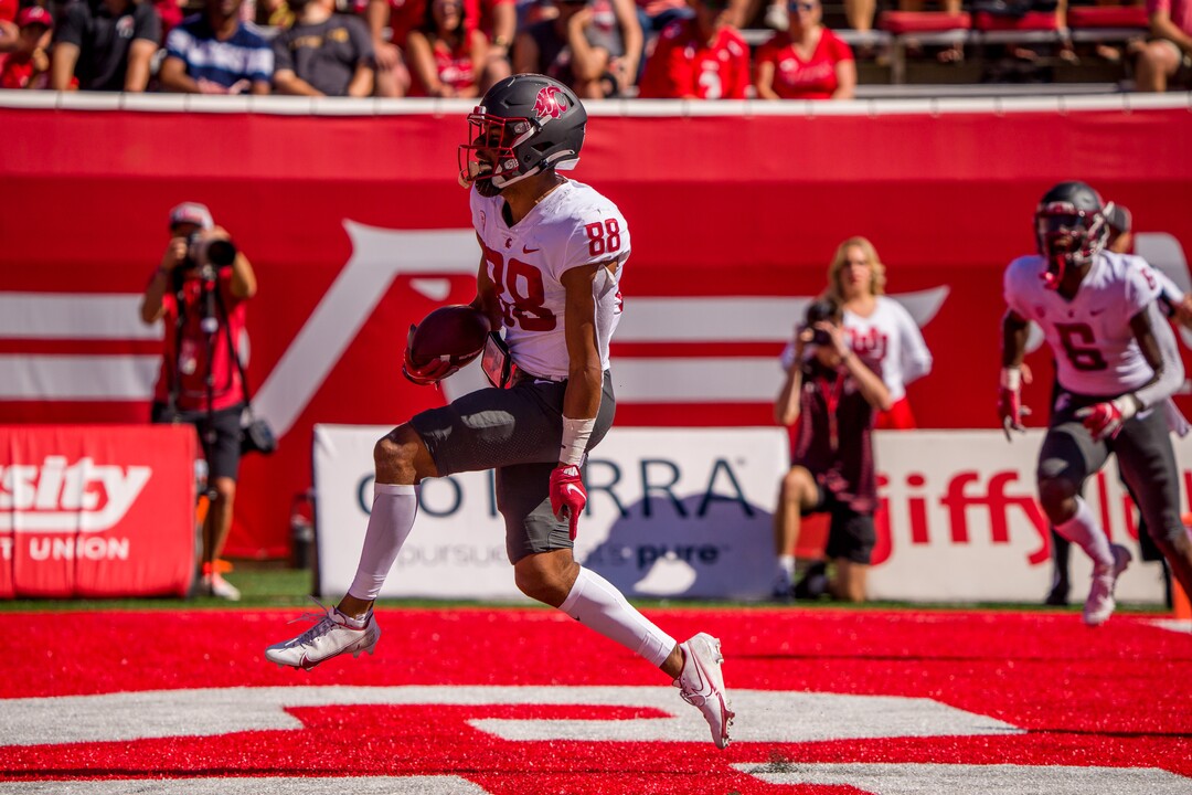 (Trent Nelson  |  The Salt Lake Tribune) Washington State Cougars wide receiver De'Zhaun Stribling (88) scores a touchdown as the University of Utah hosts Washington State, NCAA football in Salt Lake City on Saturday, Sept. 25, 2021.