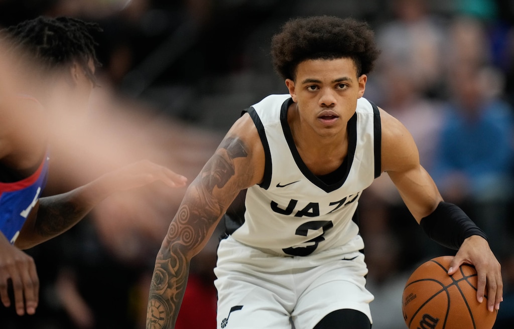 (Francisco Kjolseth | The Salt Lake Tribune) Utah Jazz guard Keyonte George (3) looks down court past the 76ers defense during an NBA Summer League basketball game Wednesday, July 5, 2023, at the Delta Center in Salt Lake City.