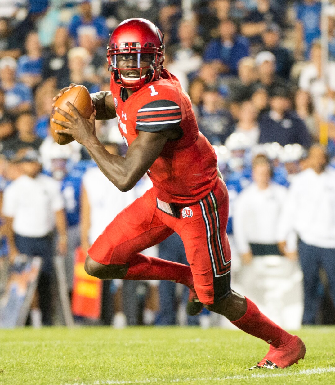(Rick Egan  |  The Salt Lake Tribune)   Utah Utes quarterback Tyler Huntley (1) looks for  an open man in the end zone, in football action BYU vs Utah, at Lavell Edwards Stadium in Provo, Saturday, September 9, 2017.
