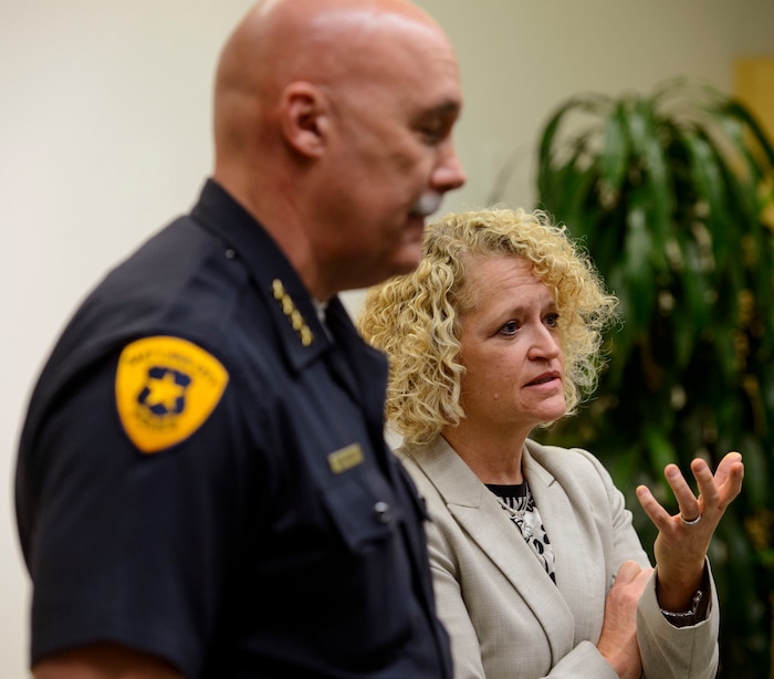 (Steve Griffin  |  The Salt Lake Tribune) Salt Lake City Mayor Jackie Biskupski and Salt Lake City Police Chief Mike Brown answer questions from Salt Lake City residents during the Liberty Wells Community Council meeting at the Tracy Aviary education room in Salt Lake City Wednesday November 8, 2017. Many of the questions were centered around Operation Rio Grande and the effects it is having on this area of the city.