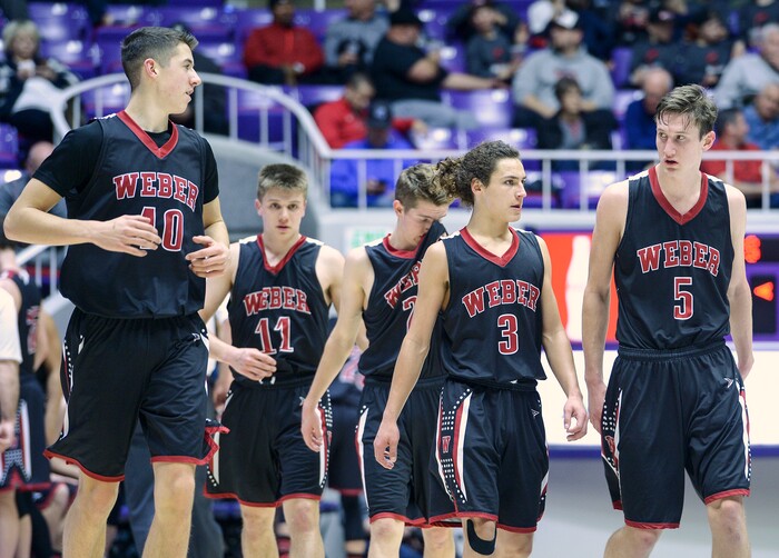 (Leah Hogsten  |  The Salt Lake Tribune) Weber kept the lead in the fourth quarter. Weber defeated Kearns 60-52 in the 6A High School Boys' Basketball Tournament opening game at Weber State University’s Dee Events Center in Ogden, Tuesday, Feb. 27, 2018. 