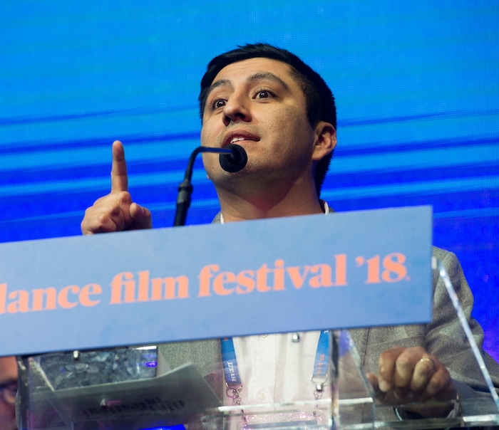 (Rick Egan  |  The Salt Lake Tribune)     Rudy Valdez accepts the U.S> Documentary Award for The Sentence, at the 2018 Sundance Film Festival Awards Night, Saturday, January 27, 2018.


