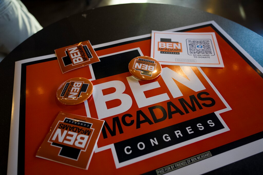 (Bethany Baker | The Salt Lake Tribune) Campaign materials are shown during a primary election watch party for 1st Congressional District Democratic candidate Ben McAdams in Salt Lake City on Tuesday, June 23, 2026.