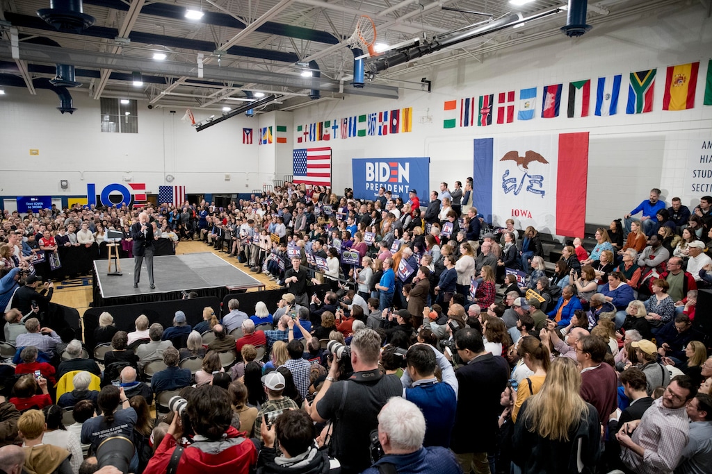 (Andrew Harnik | The Associated Press) Democratic presidential candidate former Vice President Joe Biden speaks at a campaign stop at Hiatt Middle School, Sunday, Feb. 2, 2020, in Des Moines, Iowa.