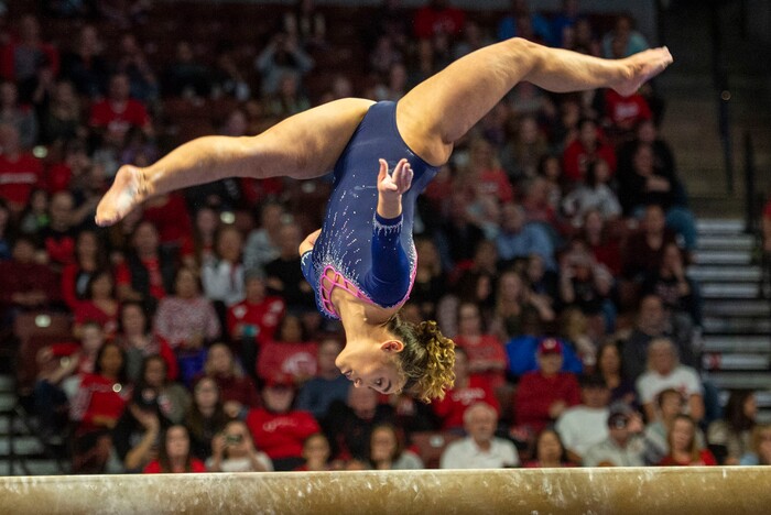 (Rick Egan  |  The Salt Lake Tribune)    Katelyn Ohashi competes on the balance bean for UCLA, in the PAC-12 Gymnastics Championships at the Maverik Center, Saturday, March 23, 2019.


