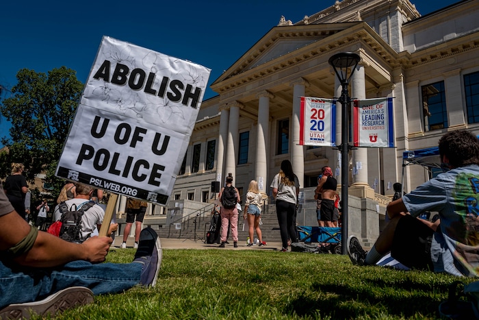 (Trent Nelson | The Salt Lake Tribune) Protesters at the University of Utah in Salt Lake City on Thursday, Sept. 3, 2020. The protest called for President Ruth Watkins to resign and for the campus police department to be dissolved..