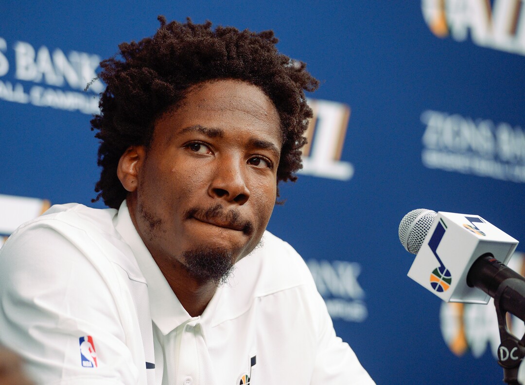 (Leah Hogsten  |  The Salt Lake Tribune) The Utah JazzÕs newest member, forward/center Ed Davis, who was signed to the Utah Jazz on July 20, pauses during questioning from members of the media Friday, July 26, 2019 at the Jazz basketball facility.