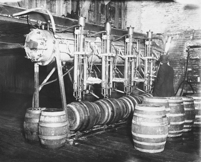 FILE - In this March 21, 1931, file photo dry agents seize 7,000 barrels of beer in Newark raid, Calif. Prohibition greatly expanded federal law enforcement powers and turned millions of Americans into scofflaws. It provided a new revenue stream for organized crime. (AP Photo, File)