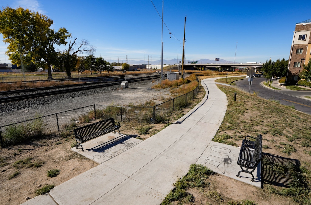 (Francisco Kjolseth | The Salt Lake Tribune) City Creek daylighting project would add water and gathering amenities to Folsom Trail, pictured on Thursday, Oct. 20, 2022, near downtown Salt Lake City. The path opened in 2022, but more work is underway.