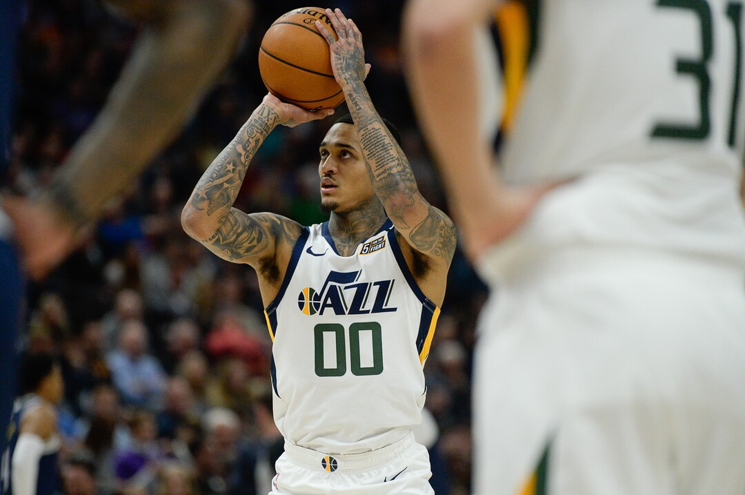 (Francisco Kjolseth  |  The Salt Lake Tribune) Utah Jazz guard Jordan Clarkson (00) shoots from the foul line as the Utah Jazz host the Denver Nuggets in their NBA basketball game at Vivint Smart Home Arena in Salt Lake City on Wednesday, Feb. 5, 2020.