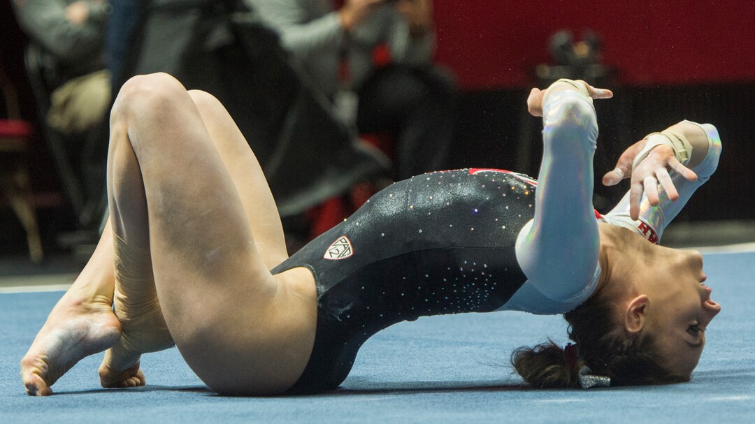 Rick Egan  |  The Salt Lake TribuneTiffani Lewis competes on the floor, in gymnastics action, Utah vs. Washington, Saturday, February 13, 2016.
