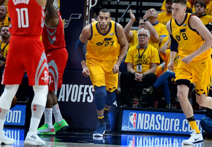 (Scott Sommerdorf | The Salt Lake Tribune)
Utah Jazz center Rudy Gobert (27) reacts after a dunk when the Jazz got back into the game during second half play. The Rockets beat the Jazz 100-87, Sunday, May 6, 2018.