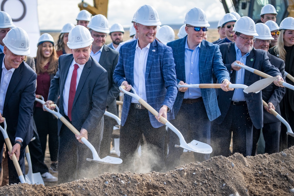 (Rick Egan | The Salt Lake Tribune) From left, U.S. Sen. Jim Risch, R-Idaho, Gov. Spencer Cox, and, EPA Administrator Lee Zeldin pose for a photo during the OKLO groundbreaking in Idaho Falls, Idaho, on Monday, Sept. 22, 2025.