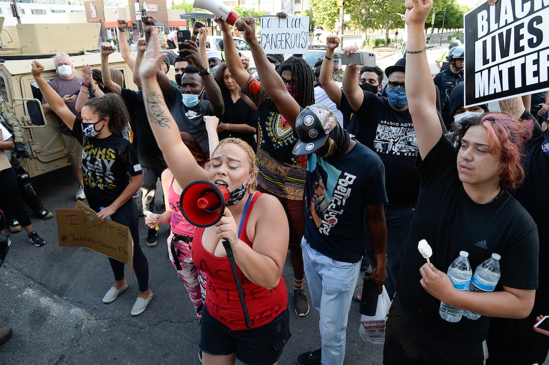 (Francisco Kjolseth  |  The Salt Lake Tribune) Victoria Crosby with Black Lives Matter keeps things peaceful as she joins demonstrators protesting against police brutality on Tuesday, June 2, 2020, in downtown Salt Lake City, as an 8 p.m. weeklong curfew remains in order.