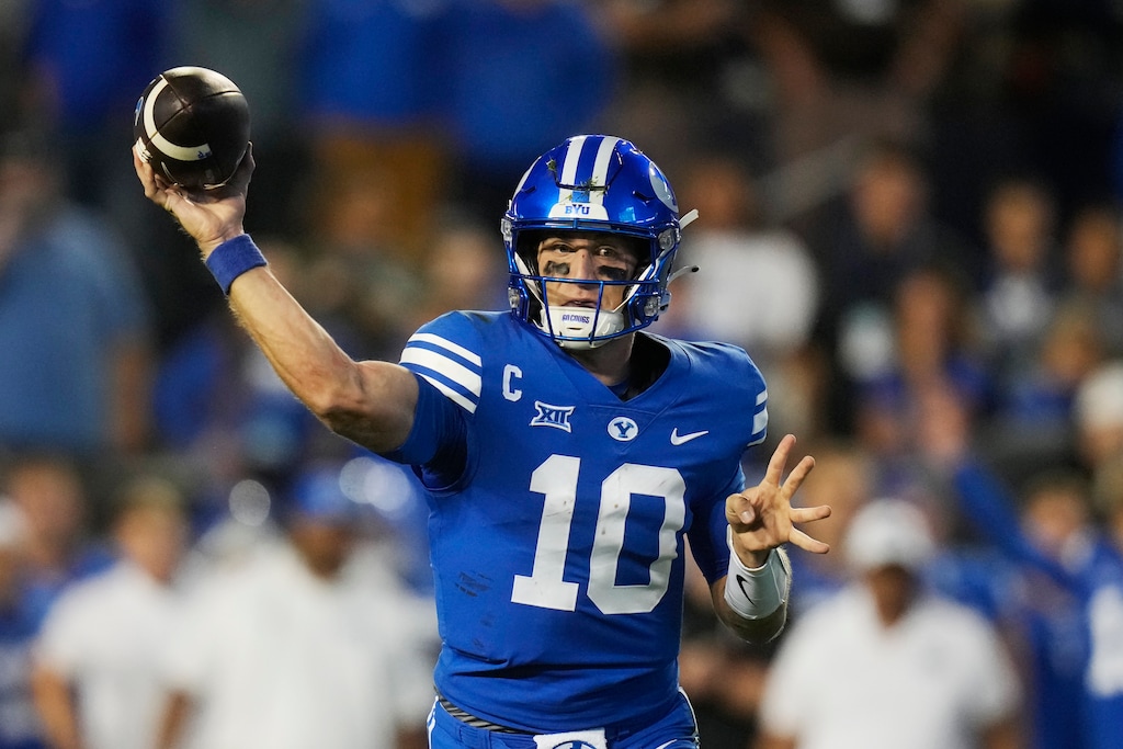 BYU quarterback Kedon Slovis throws a pass during the second half of the team's NCAA college football game against Cincinnati on Friday, Sept. 29, 2023, in Provo, Utah. (AP Photo/Rick Bowmer)