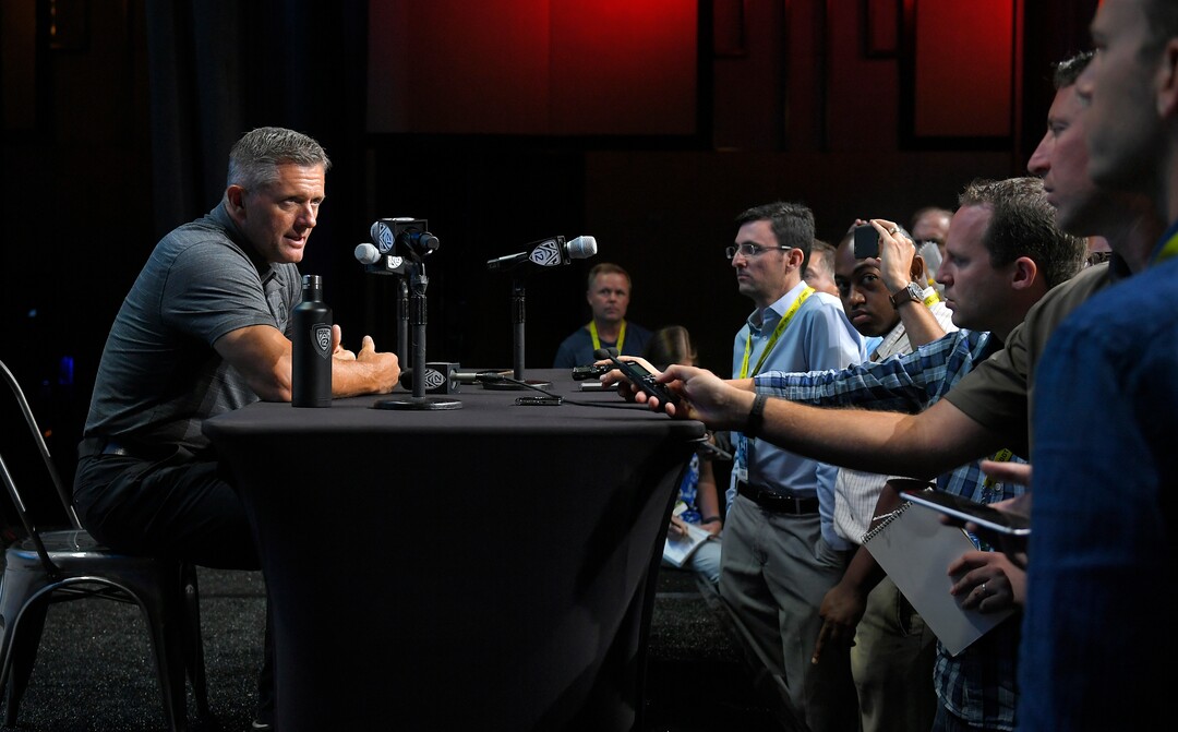 Utah head coach Kyle Whittingham speaks at the Pac-12 NCAA college football media day, Thursday, July 27, 2017, in the Hollywood section of Los Angeles. (AP Photo/Mark J. Terrill)