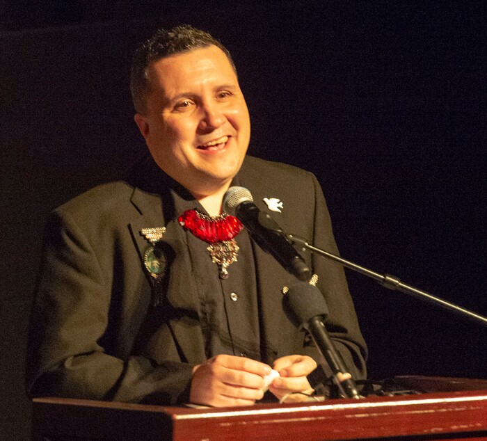 (Rick Egan  |  The Salt Lake Tribune)      Jason Archuleta speaks at the memorial service for his father, Robert "Archie" Archuleta, at the Rose Wagner Theatre, Saturday, March 2, 2019.


