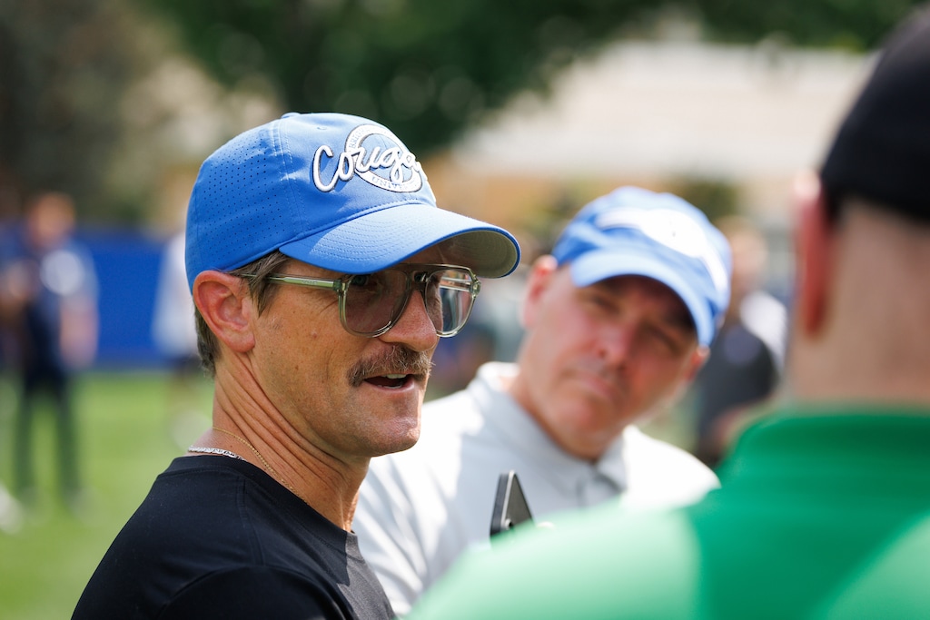 (Jaren Wilkey | BYU Photo) BYU offensive coordinator Aaron Roderick talks to the media following practice on Aug. 10, 2026.