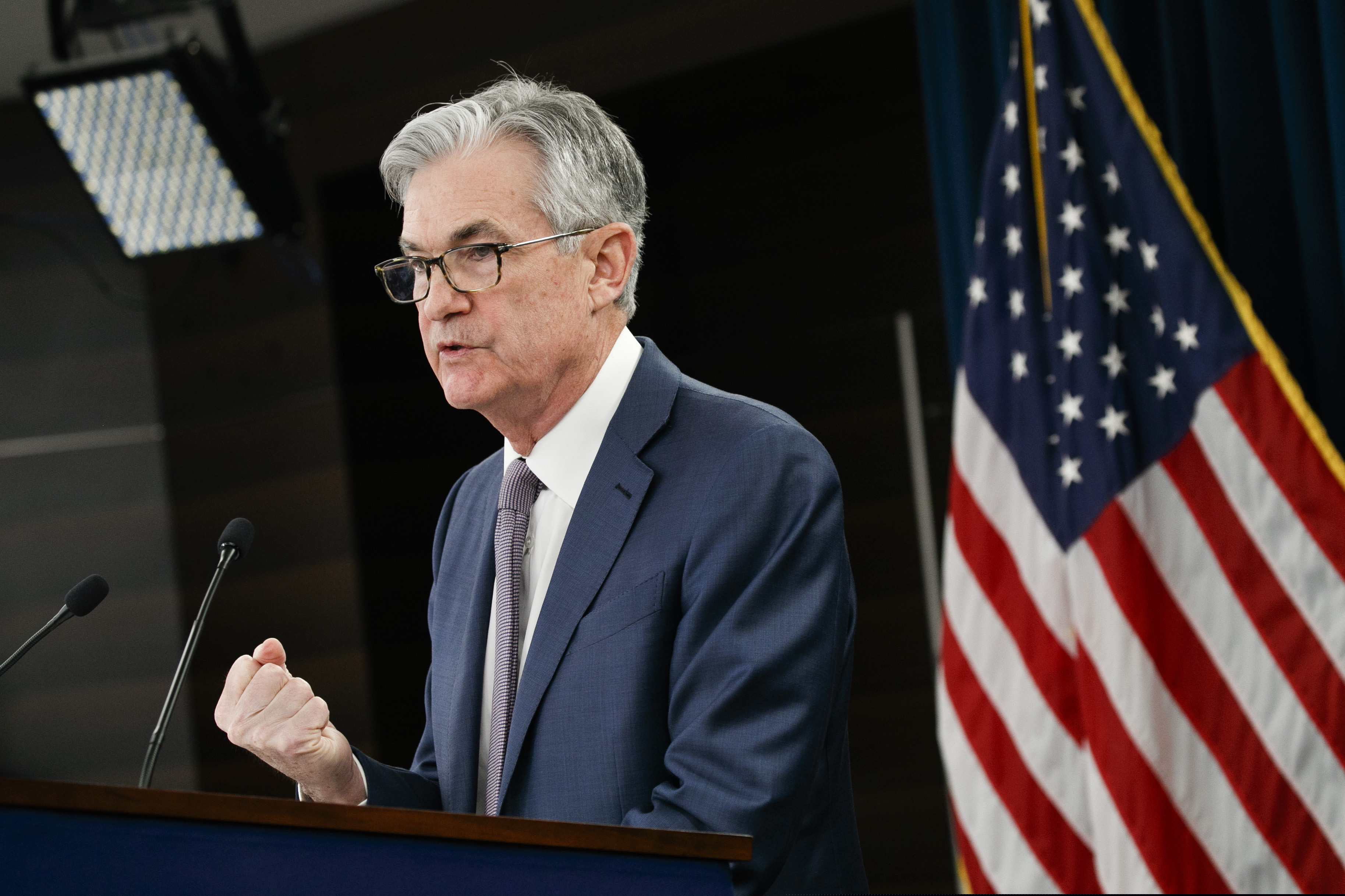 (Jacquelyn Martin | AP) Federal Reserve Chair Jerome Powell speaks during a news conference, Tuesday, March 3, 2020, to discuss an announcement from the Federal Open Market Committee, in Washington. In a surprise move, the Federal Reserve cut its benchmark interest rate by a sizable half-percentage point in an effort to support the economy in the face of the spreading coronavirus. Chairman Jerome Powell noted that the coronavirus "poses evolving risks to economic activity."